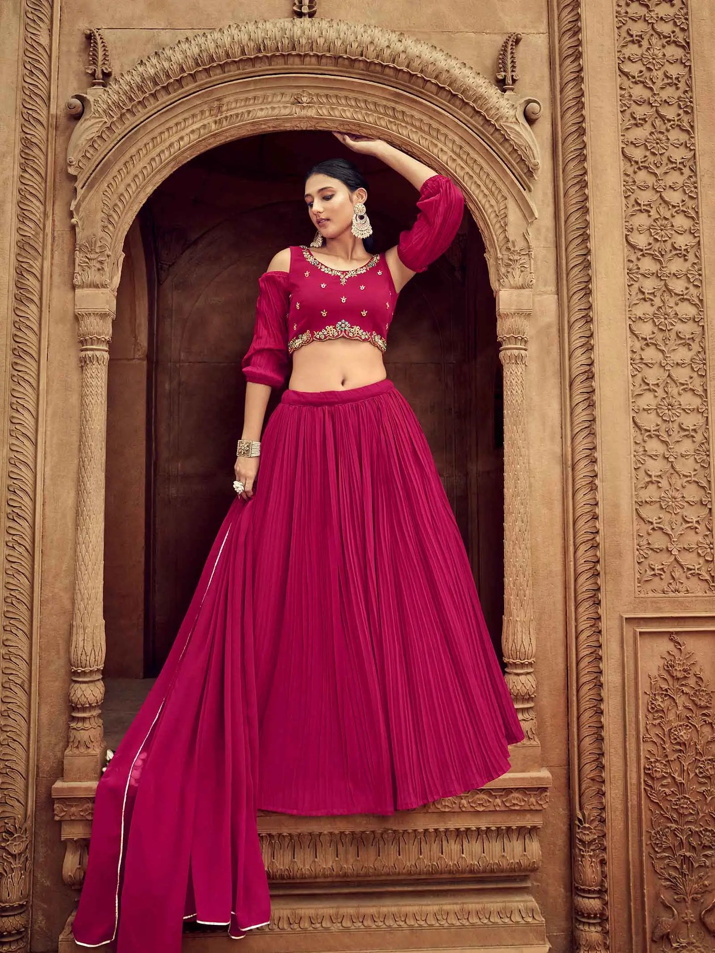 Dark Pink Georgette Lehenga With Hand Work
