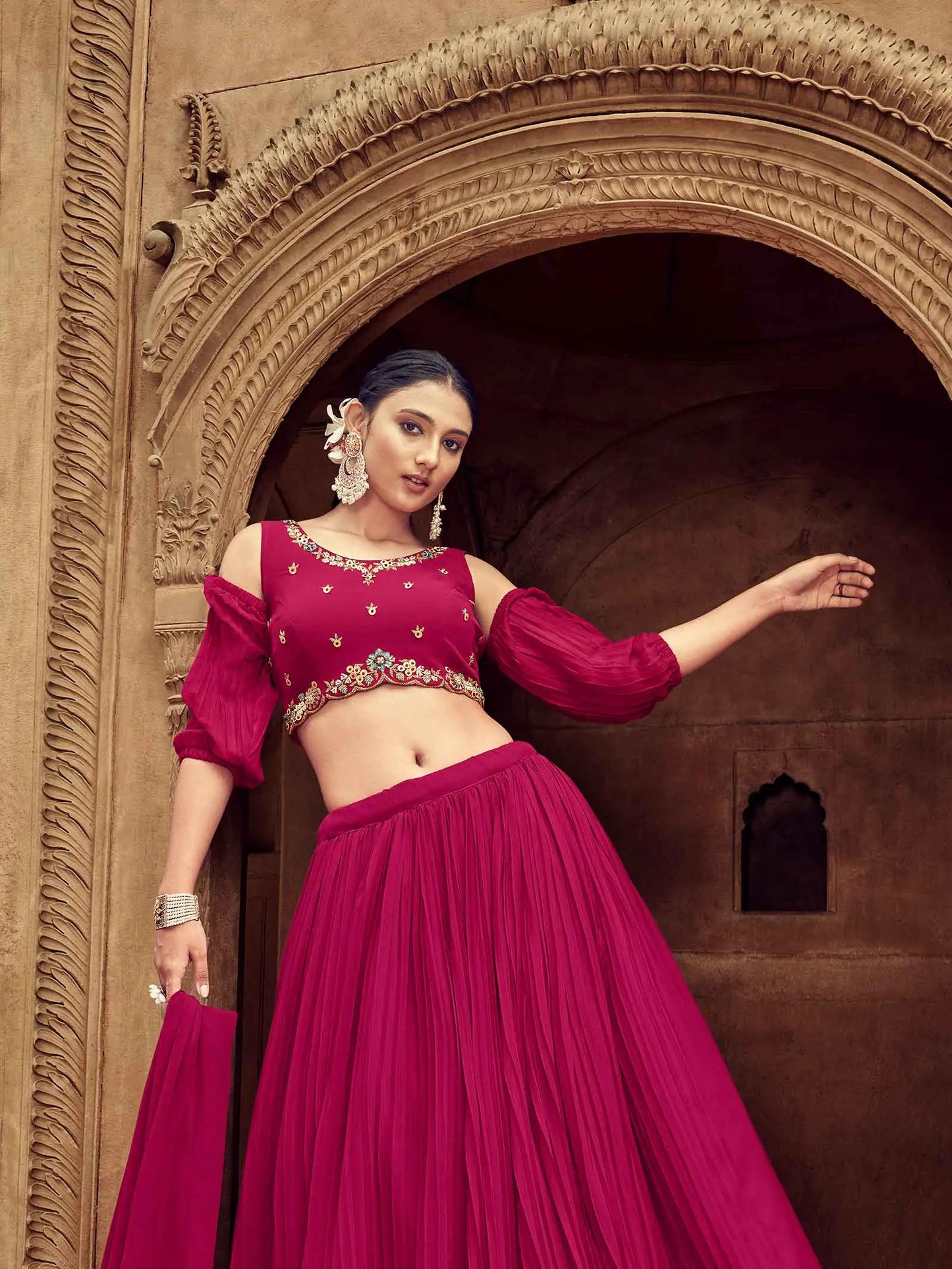 Dark Pink Georgette Lehenga With Hand Work