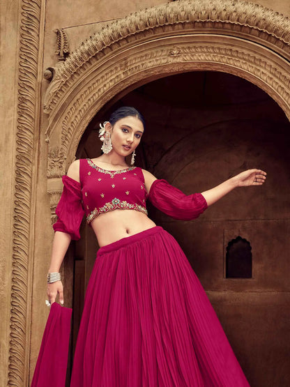 Dark Pink Georgette Lehenga With Hand Work