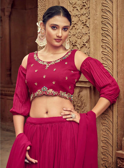 Dark Pink Georgette Lehenga With Hand Work