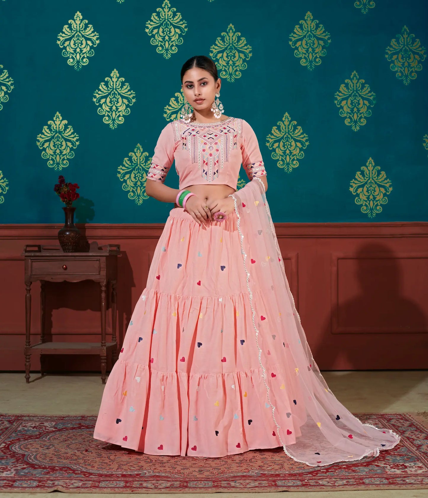 Peach Cotton Lehenga Choli With Thread & Sequence Embroidery Work