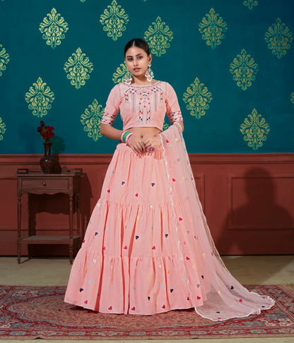 Peach Cotton Lehenga Choli With Thread & Sequence Embroidery Work