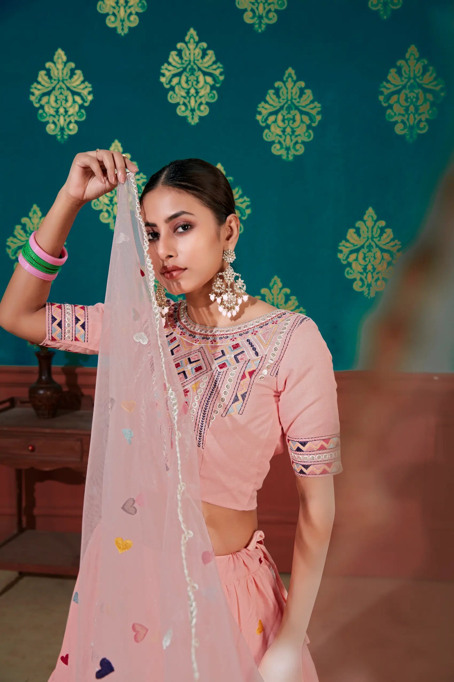 Peach Cotton Lehenga Choli With Thread & Sequence Embroidery Work