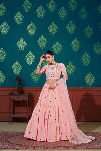 Peach Cotton Lehenga Choli With Thread & Sequence Embroidery Work