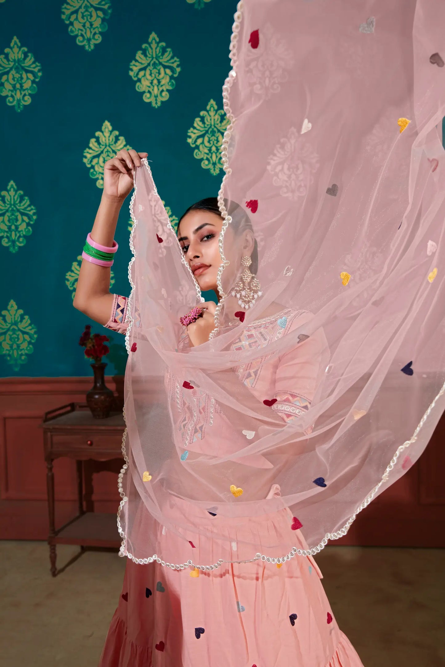 Peach Cotton Lehenga Choli With Thread & Sequence Embroidery Work