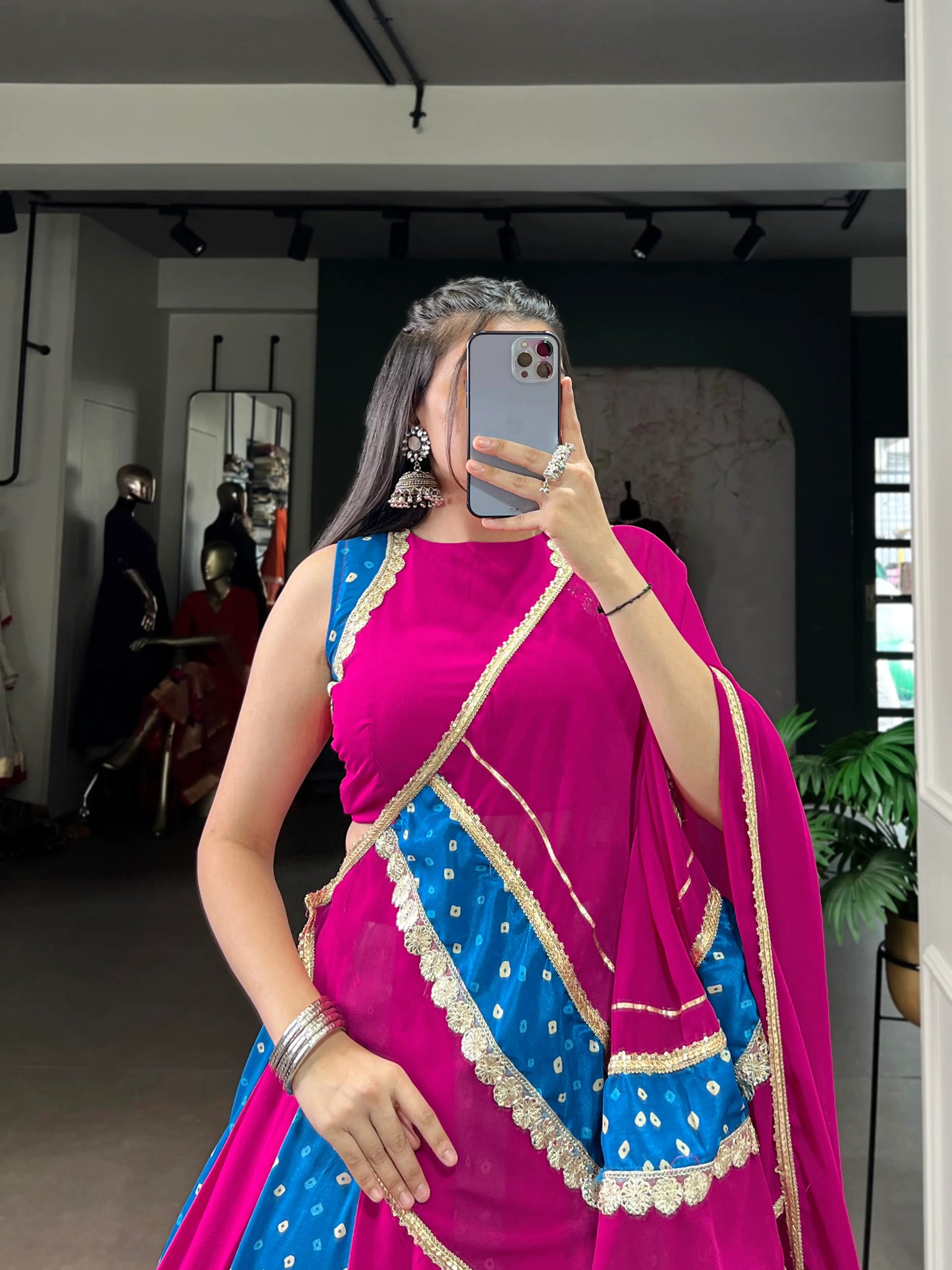 Blue-Pink Rayon Lehenga Choli With Bandhej Print & Lace Touch Up