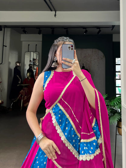 Blue-Pink Rayon Lehenga Choli With Bandhej Print & Lace Touch Up