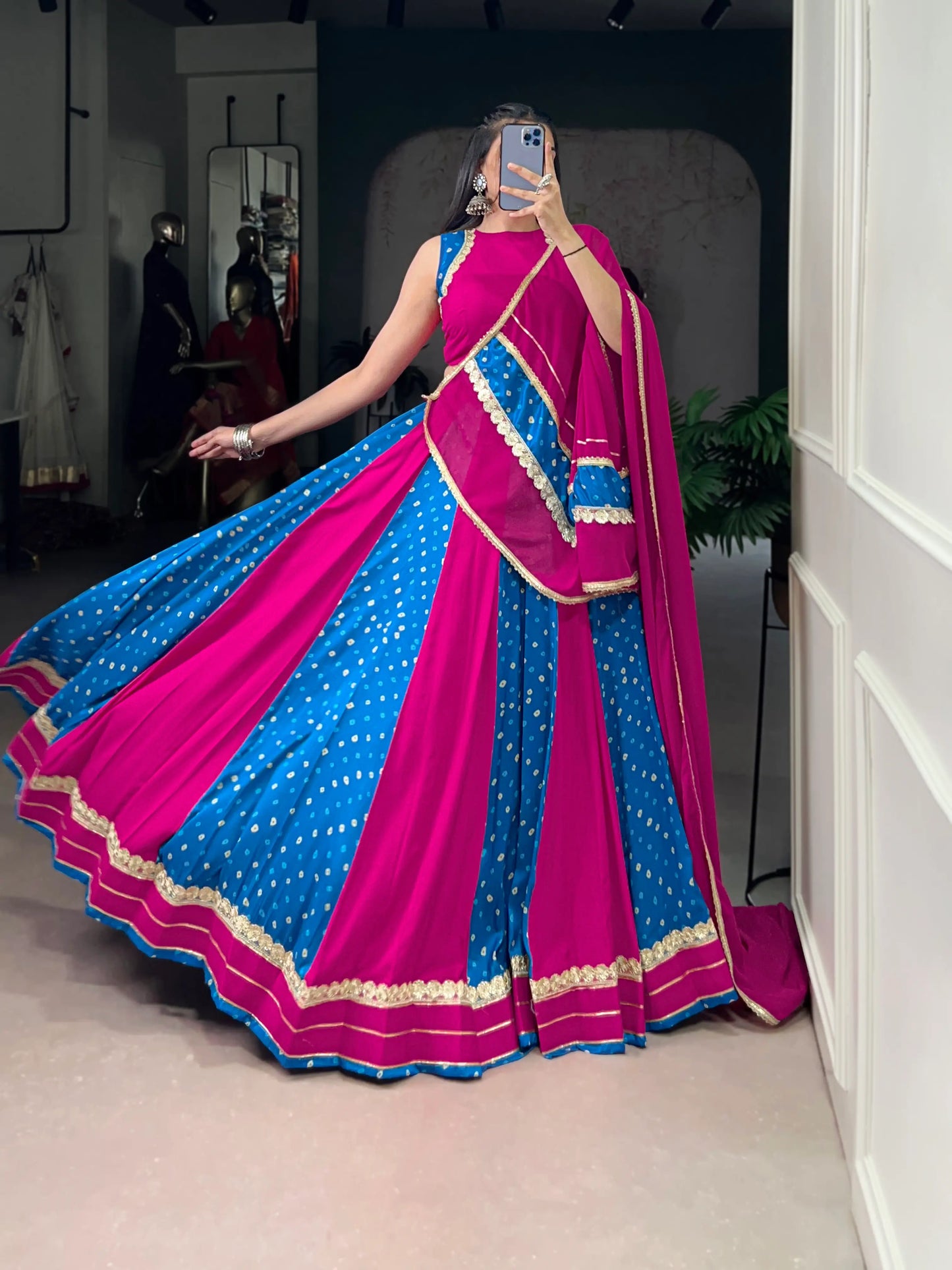 Blue-Pink Rayon Lehenga Choli With Bandhej Print & Lace Touch Up
