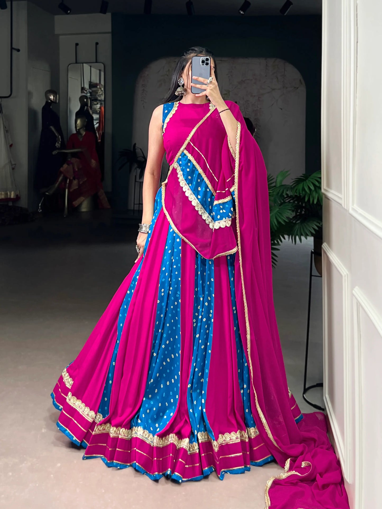 Blue-Pink Rayon Lehenga Choli With Bandhej Print & Lace Touch Up