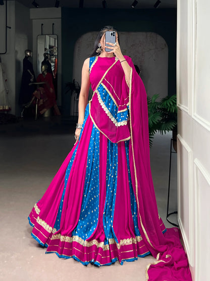 Blue-Pink Rayon Lehenga Choli With Bandhej Print & Lace Touch Up