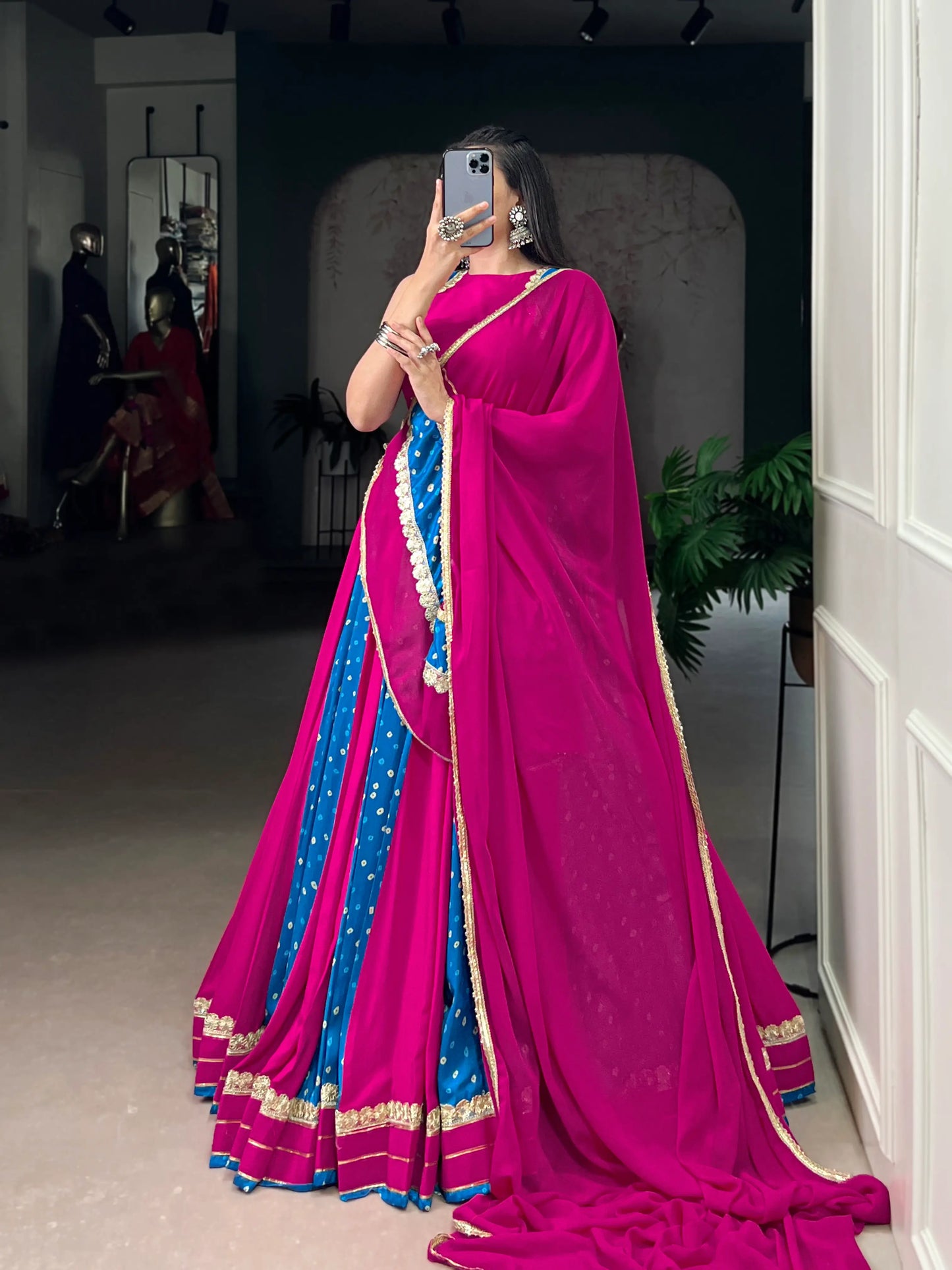 Blue-Pink Rayon Lehenga Choli With Bandhej Print & Lace Touch Up