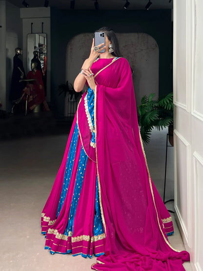 Blue-Pink Rayon Lehenga Choli With Bandhej Print & Lace Touch Up