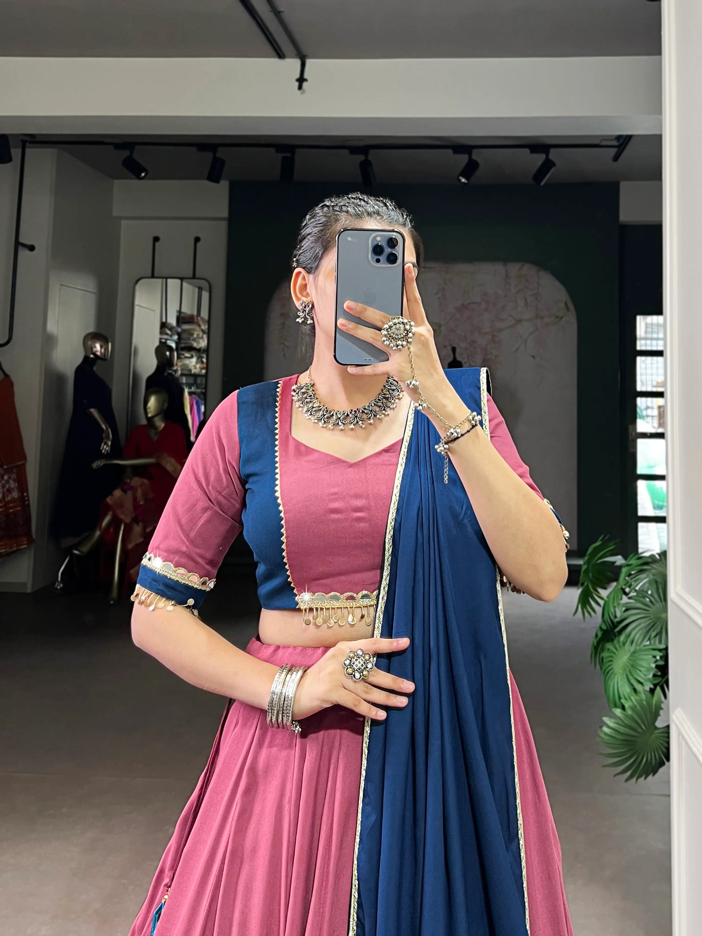 Dusty Pink Rayon Navratri Lehenga Choli With Lace touch up