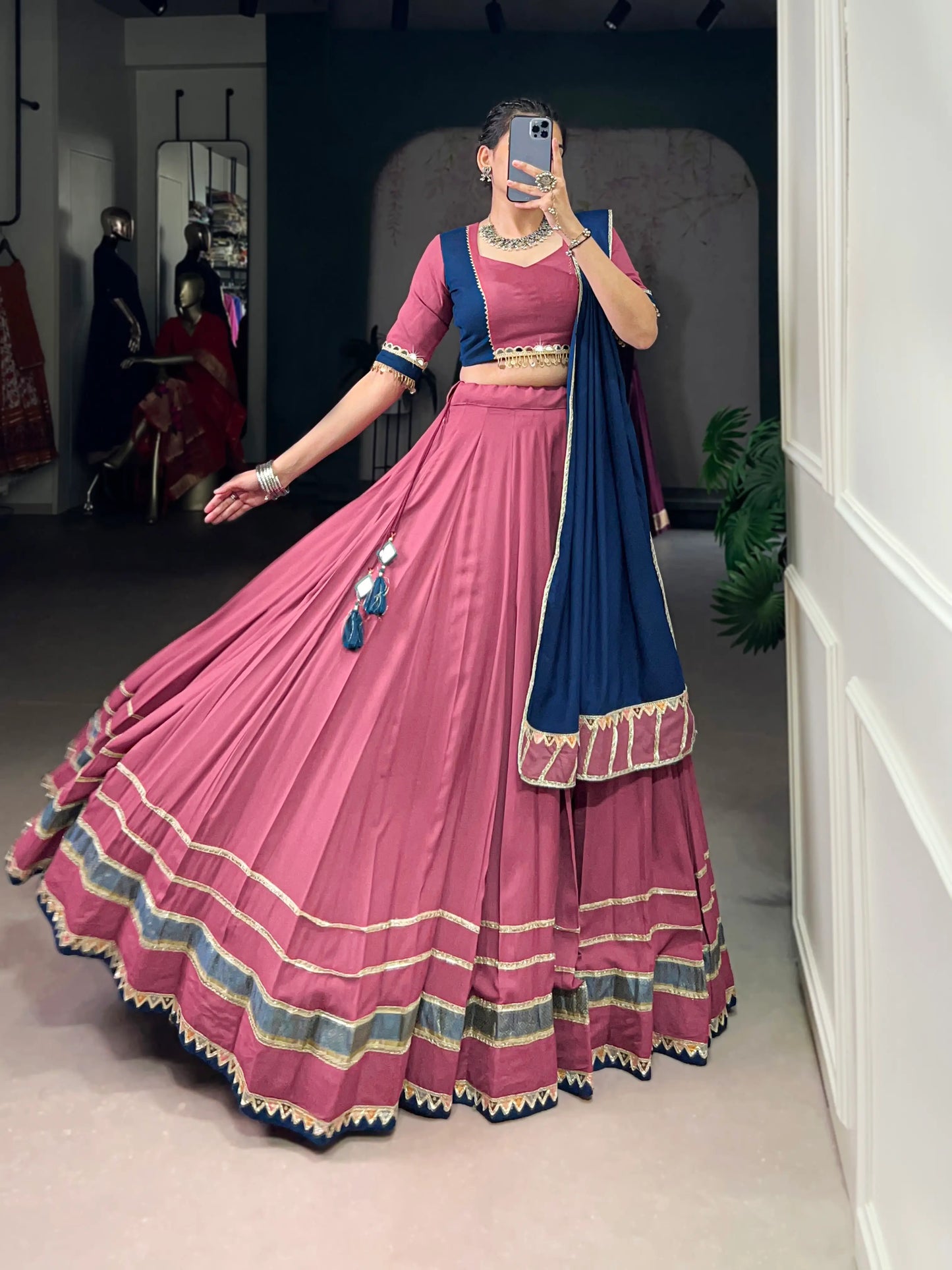 Dusty Pink Rayon Navratri Lehenga Choli With Lace touch up