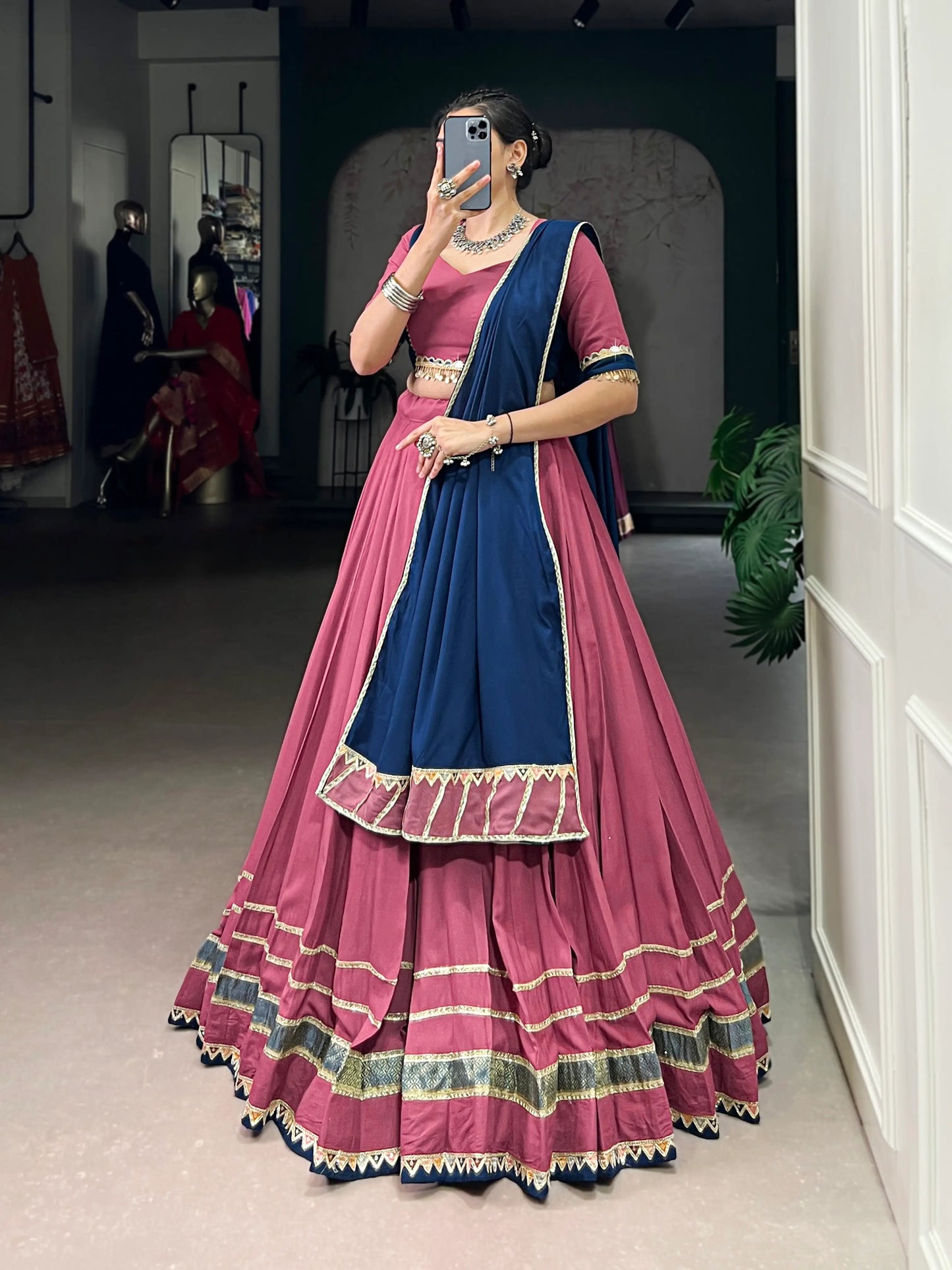 Dusty Pink Rayon Navratri Lehenga Choli With Lace touch up