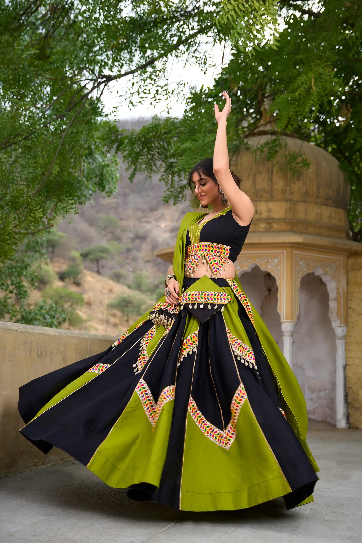 Black-Parrot Green Cotton Navratri Lehenga Choli With Gamthi Work & Lace Touch Up