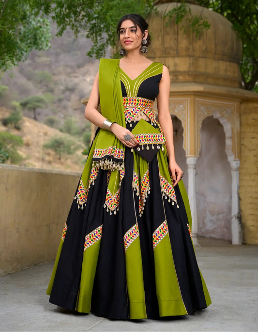 Black-Parrot Green Cotton Navratri Lehenga Choli With Gamthi Work & Lace Touch Up