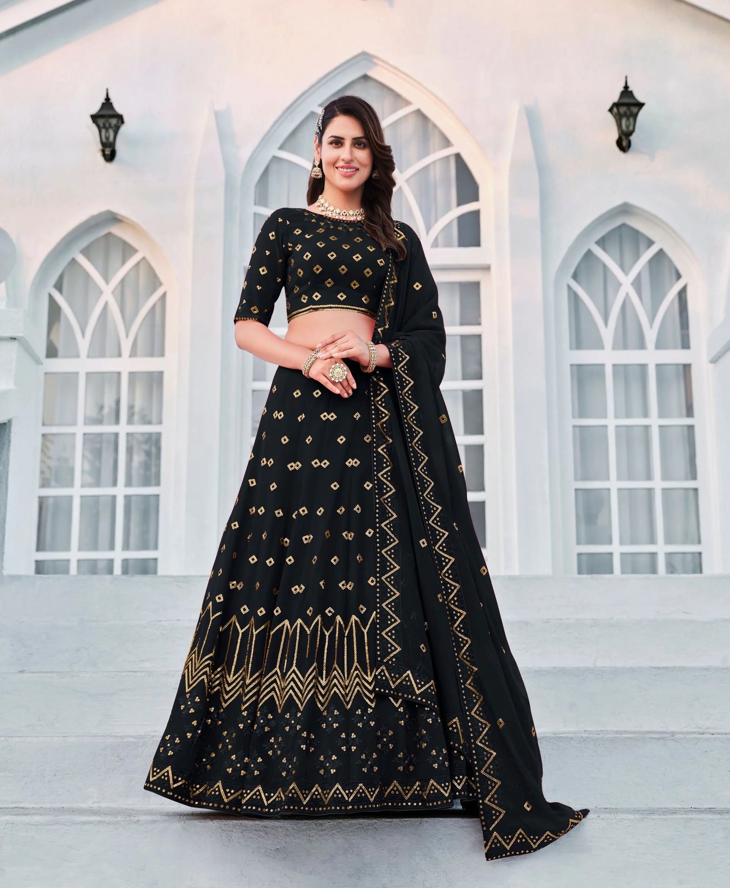 Navy Blue Georgette Thread & Sequence Embroidery Work Lehenga Choli