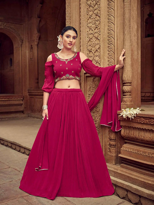 Dark Pink Georgette Lehenga With Hand Work