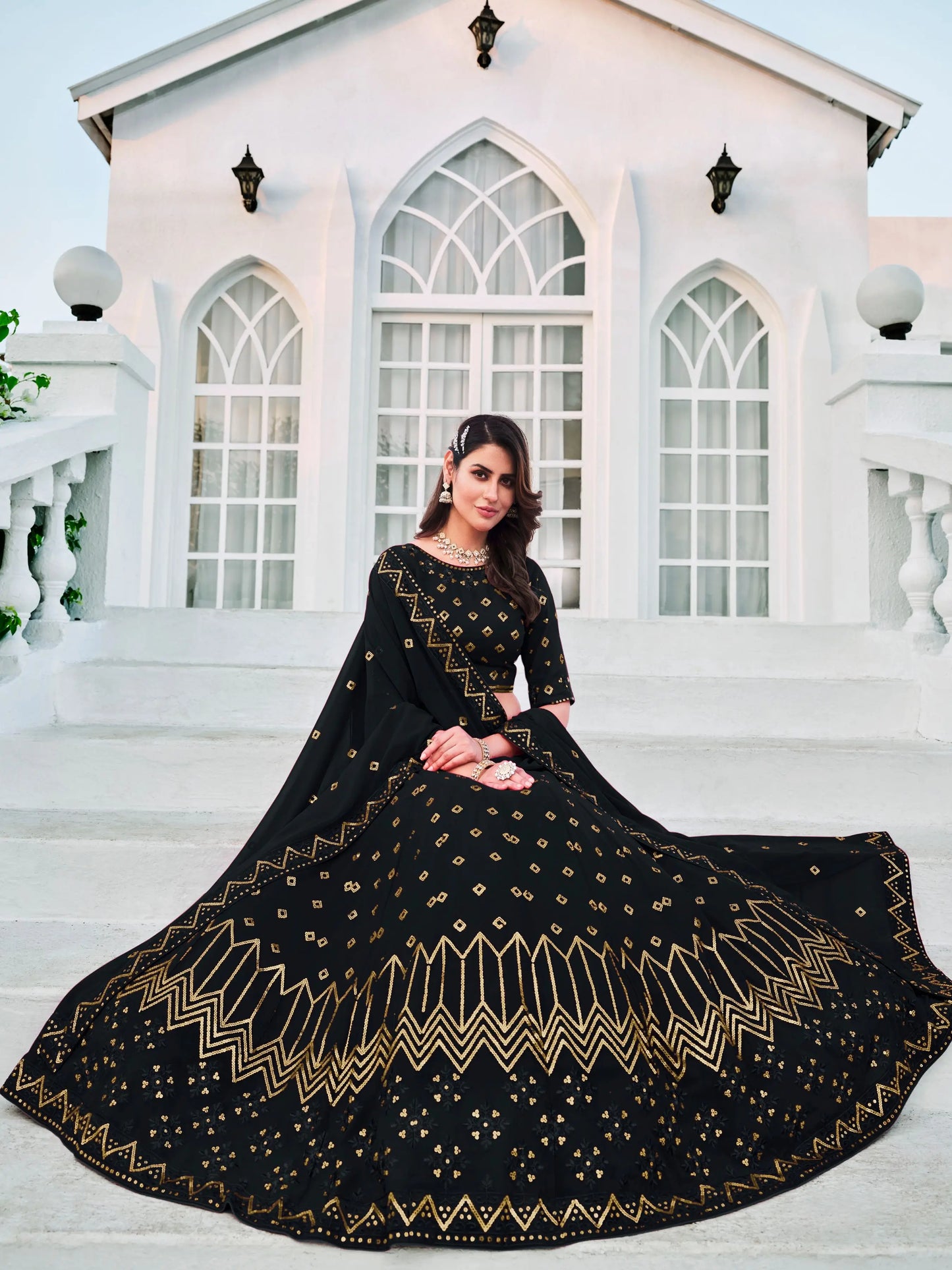 Navy Blue Georgette Thread & Sequence Embroidery Work Lehenga Choli