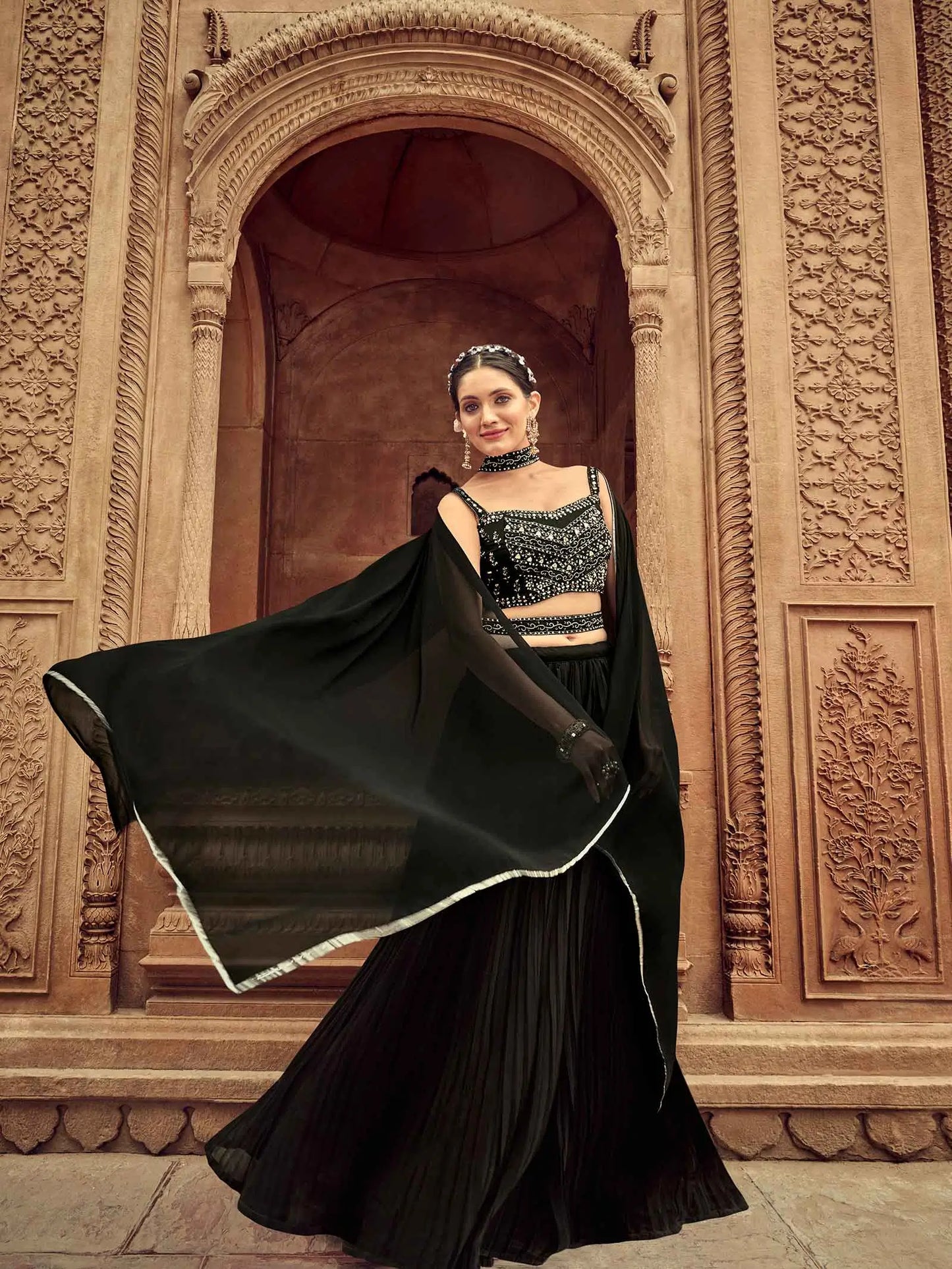 Black Hand Work Georgette Lehenga With Dupatta