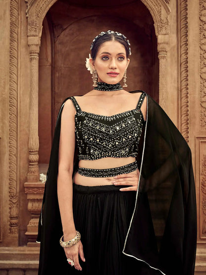 Black Hand Work Georgette Lehenga With Dupatta
