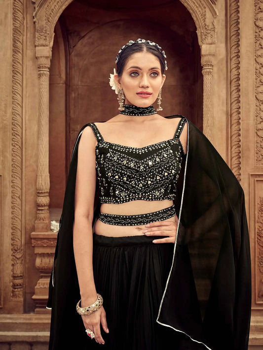 Black Hand Work Georgette Lehenga With Dupatta