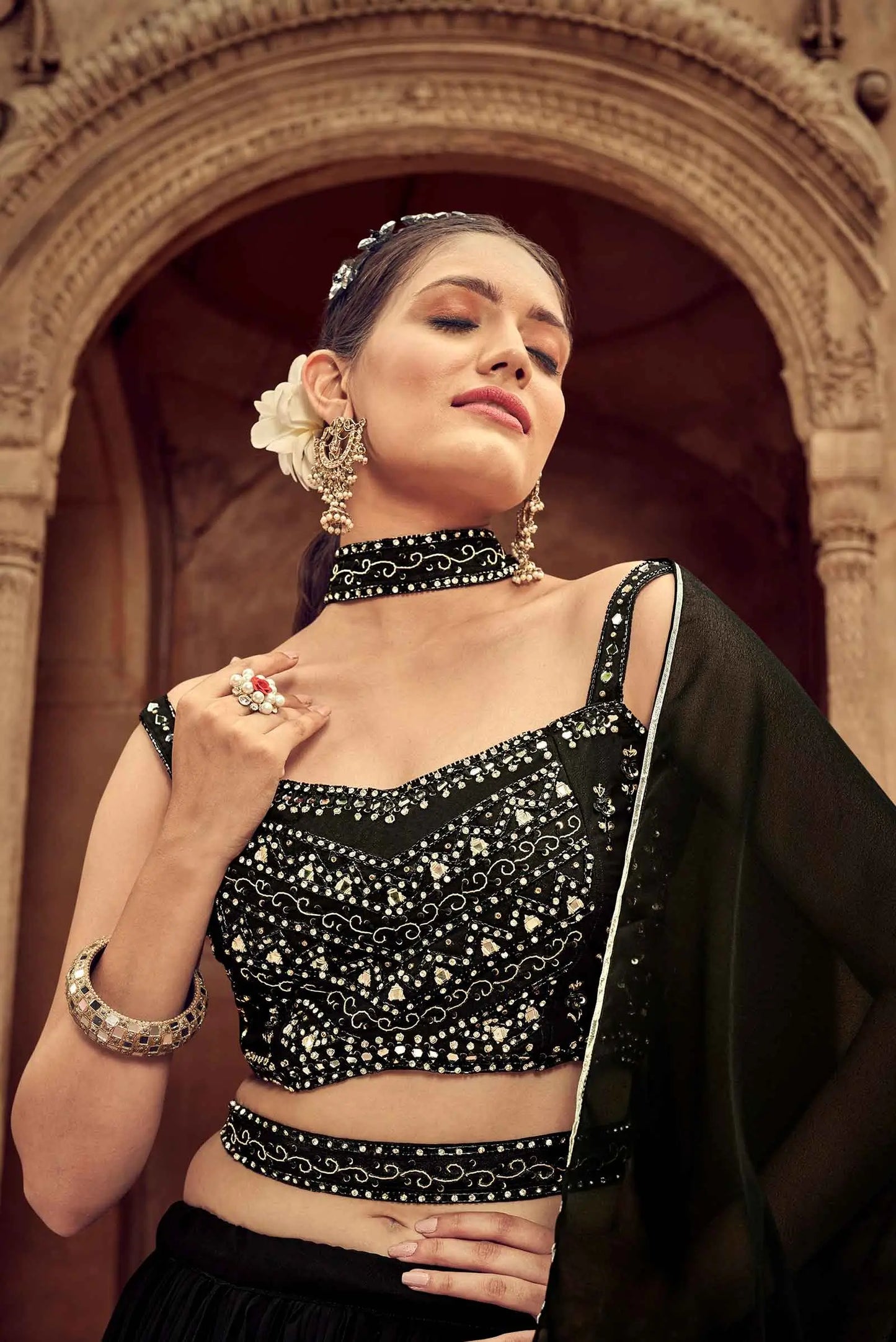 Black Hand Work Georgette Lehenga With Dupatta
