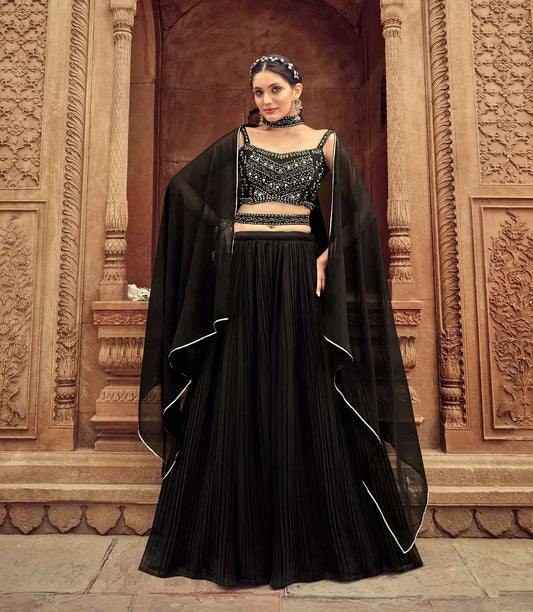 Black Hand Work Georgette Lehenga With Dupatta