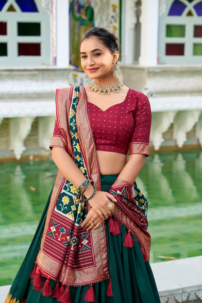 Green Tussar Silk Lehenga Choli With Patola Print And Foil Work