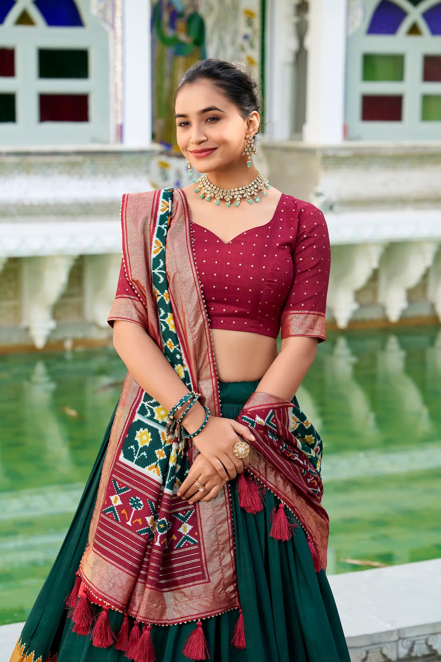 Green Tussar Silk Lehenga Choli With Patola Print And Foil Work