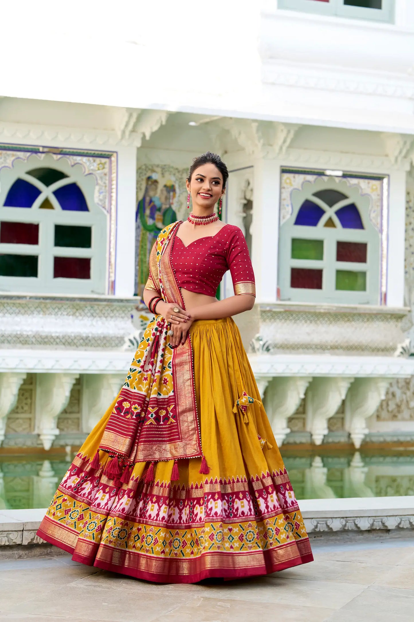 Mustard Tussar Silk Lehenga Choli With Patola Print And Foil Work