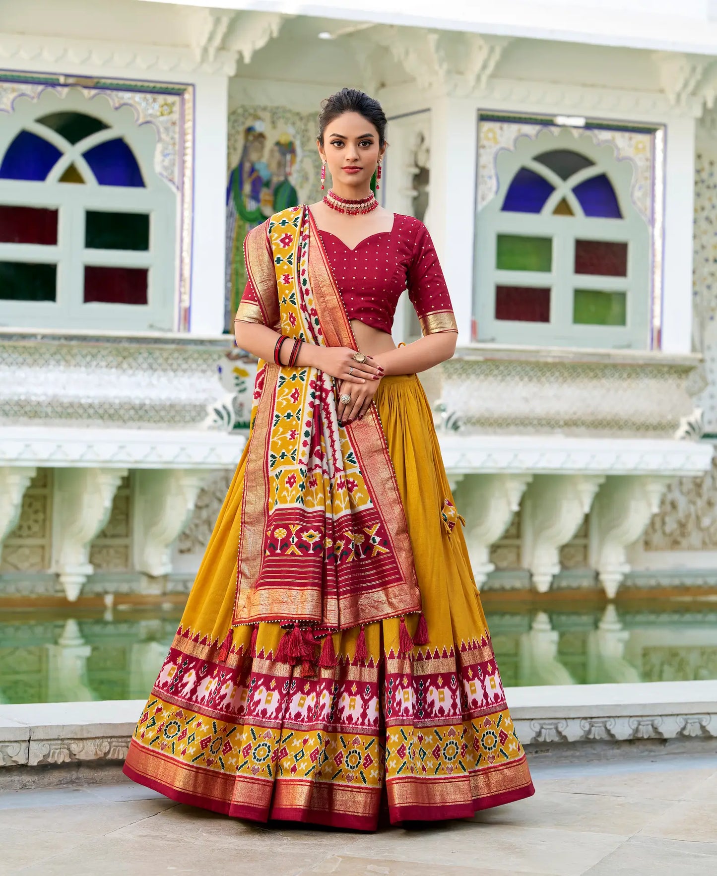 Mustard Tussar Silk Lehenga Choli With Patola Print And Foil Work