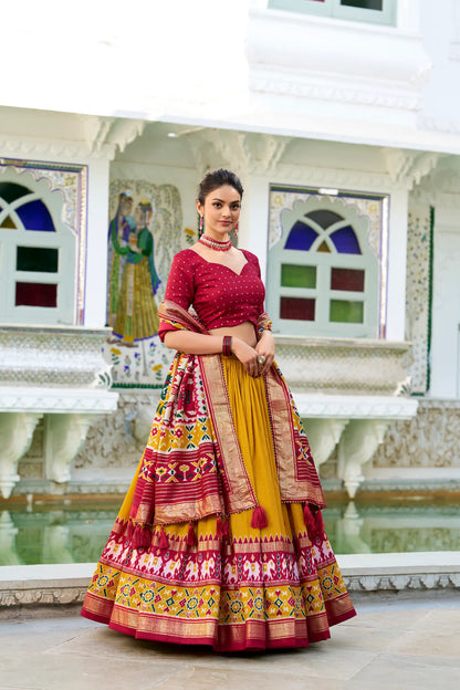 Mustard Tussar Silk Lehenga Choli With Patola Print And Foil Work