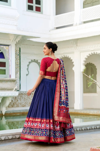Navy Blue Tussar Silk Lehenga Choli With Patola Print And Foil Work