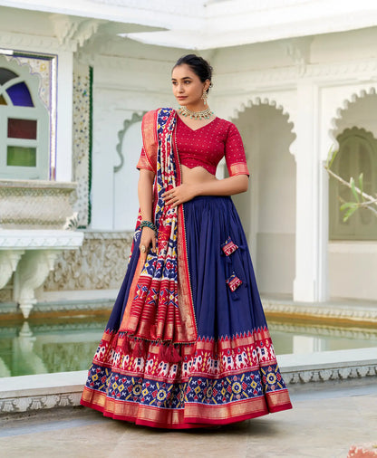 Navy Blue Tussar Silk Lehenga Choli With Patola Print And Foil Work