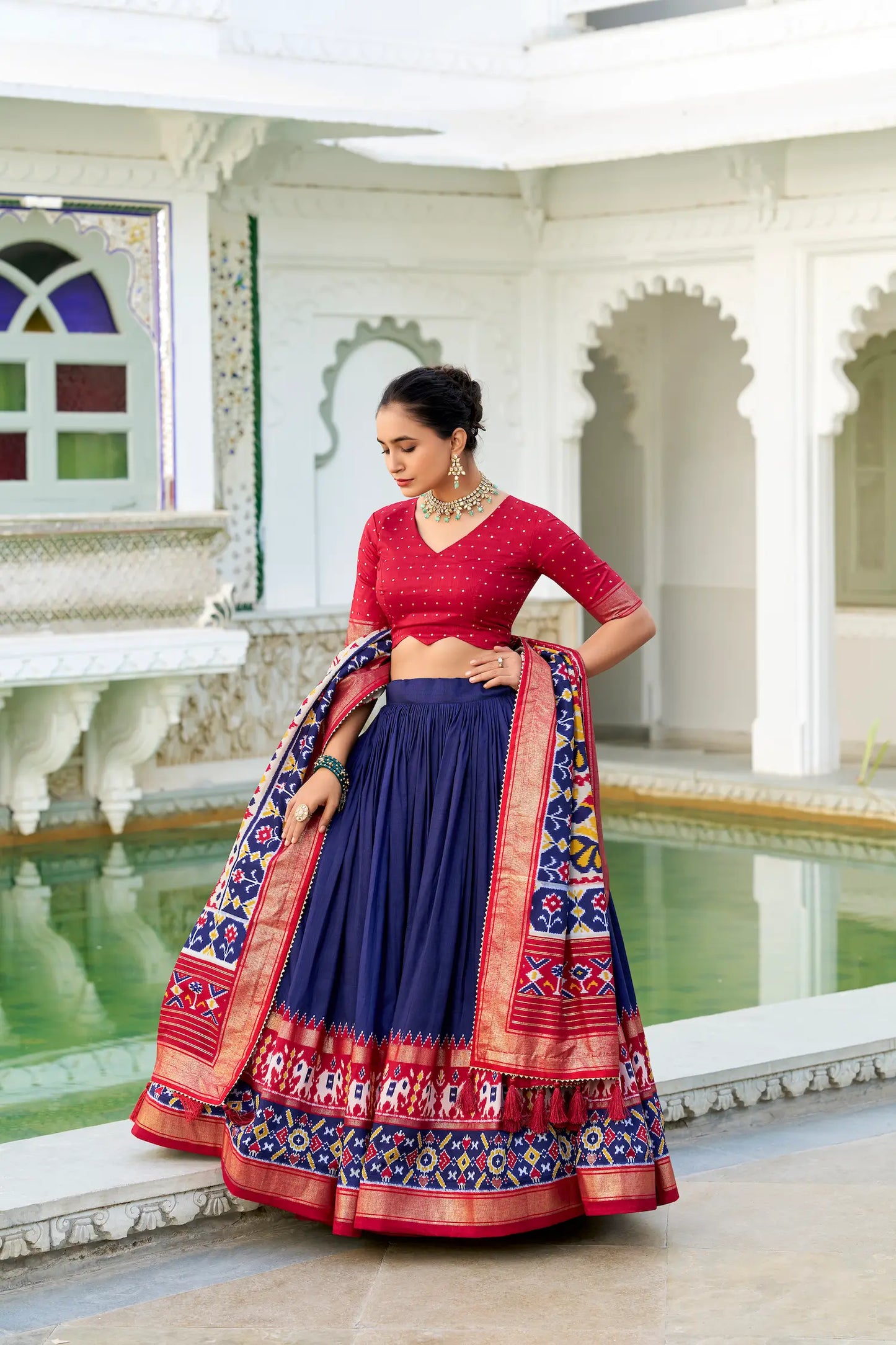 Navy Blue Tussar Silk Lehenga Choli With Patola Print And Foil Work