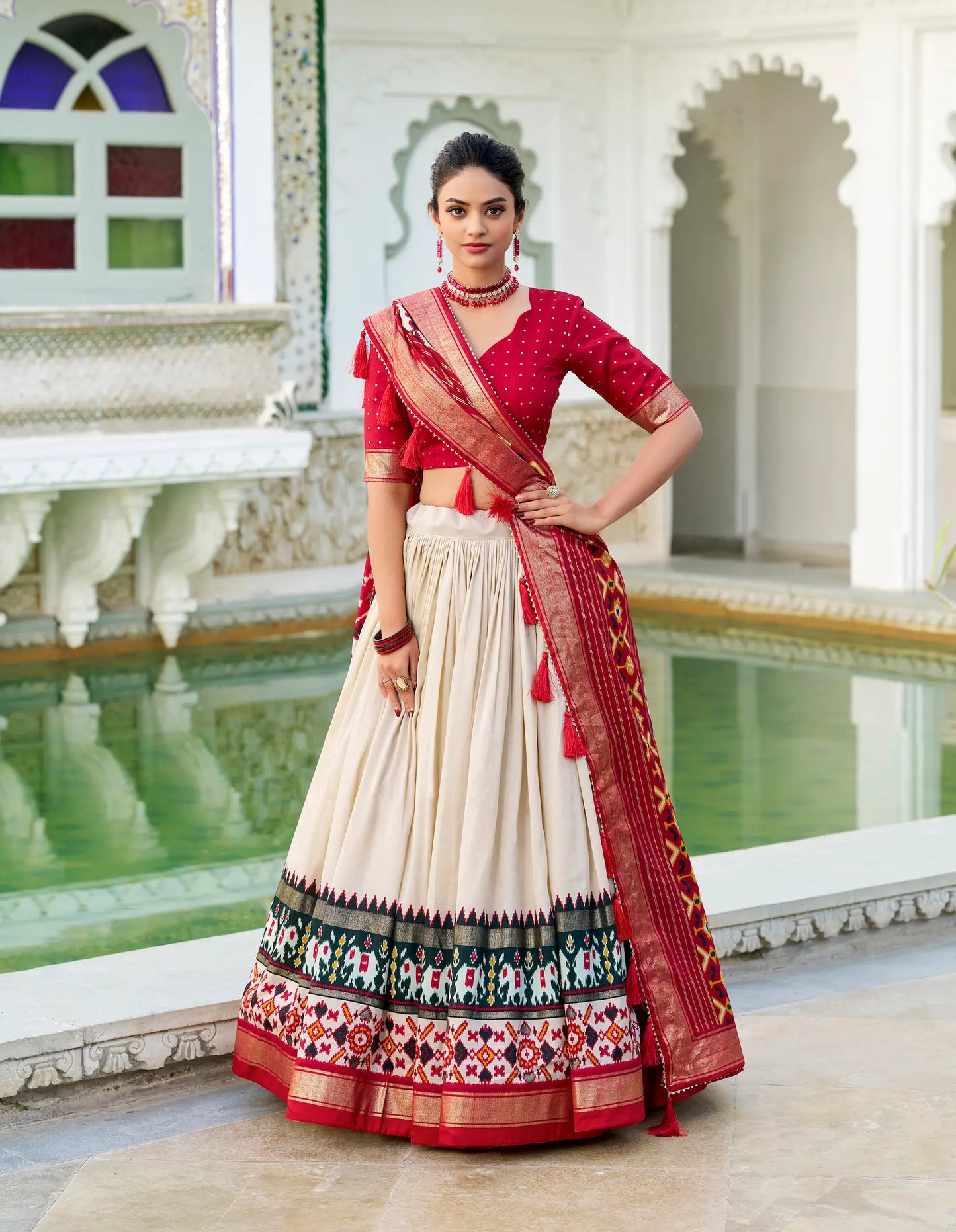 Beige Tussar Silk Lehenga Choli With Patola Print And Foil Work