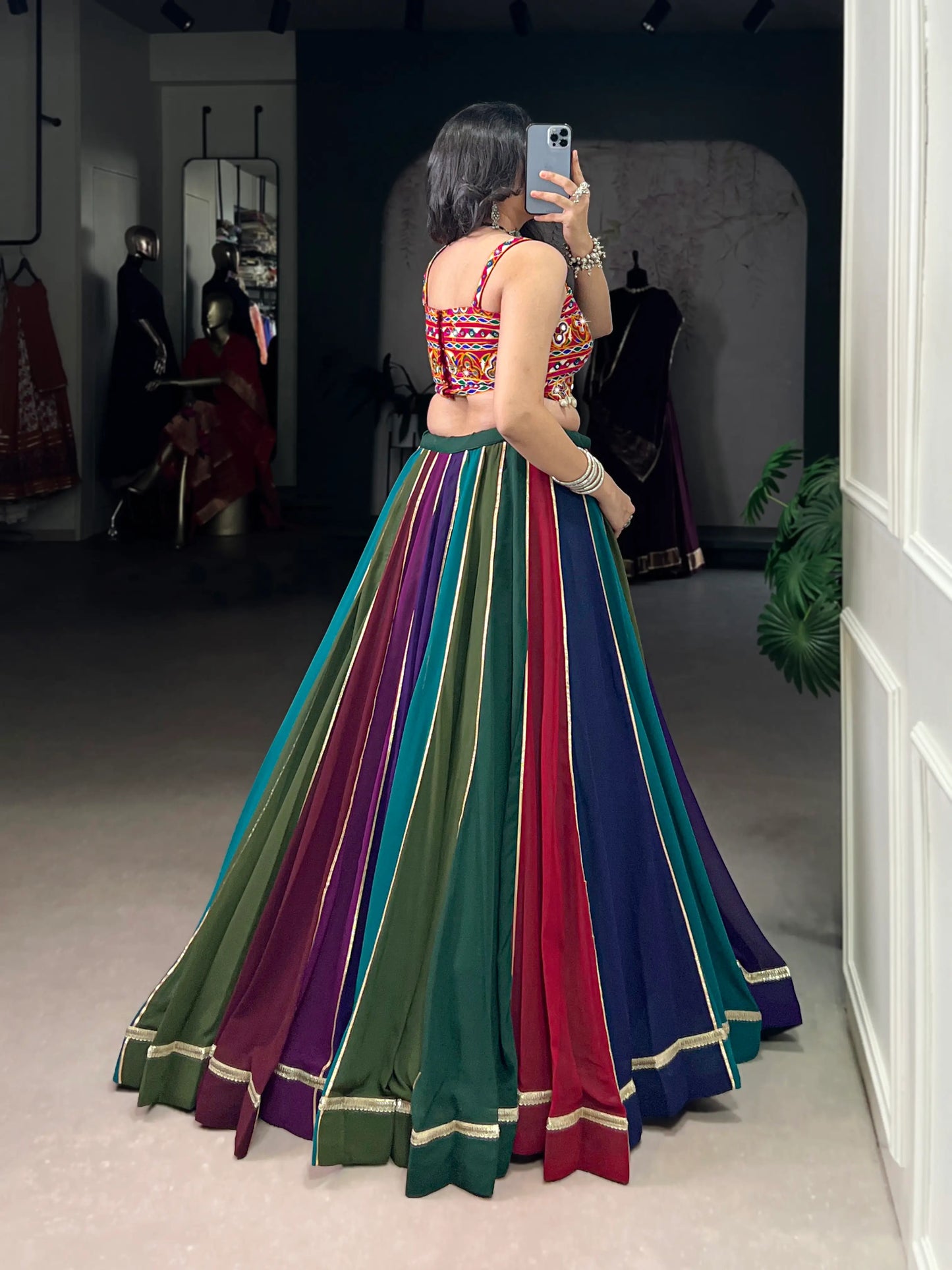 Multicolor Georgette Navratri Lehenga Choli With Gamthi work & Lace Touch Up