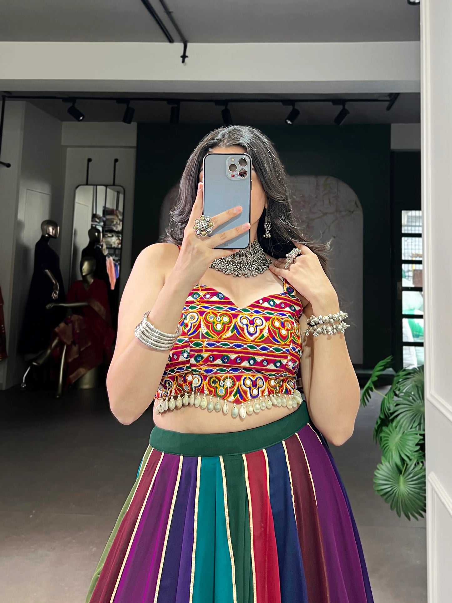 Multicolor Georgette Navratri Lehenga Choli With Gamthi work & Lace Touch Up