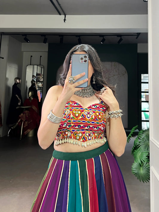 Multicolor Georgette Navratri Lehenga Choli With Gamthi work & Lace Touch Up