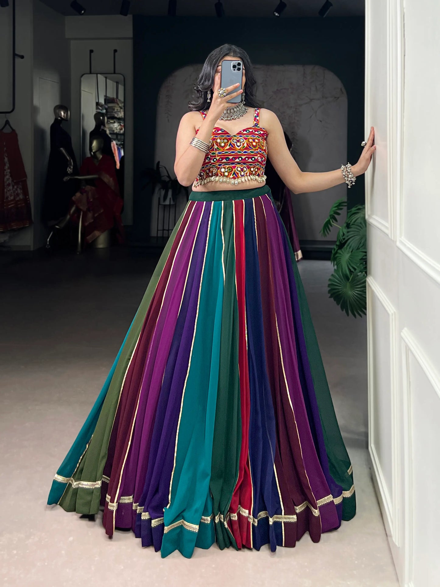 Multicolor Georgette Navratri Lehenga Choli With Gamthi work & Lace Touch Up