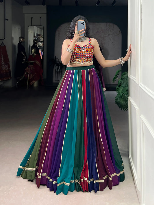 Multicolor Georgette Navratri Lehenga Choli With Gamthi work & Lace Touch Up