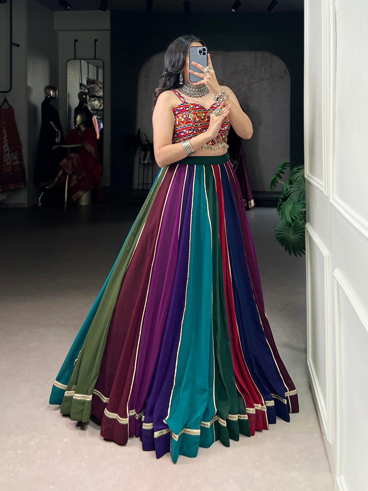 Multicolor Georgette Navratri Lehenga Choli With Gamthi work & Lace Touch Up