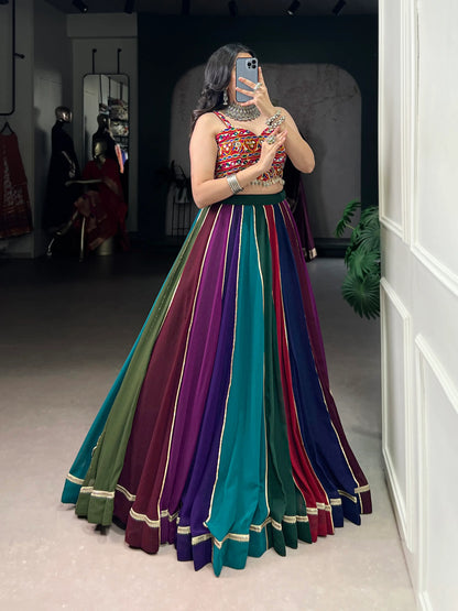 Multicolor Georgette Navratri Lehenga Choli With Gamthi work & Lace Touch Up