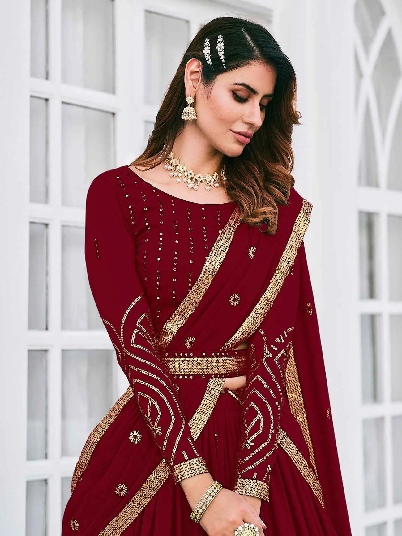 Maroon Georgette Thread with Sequence Embroidery Work Lehenga Choli