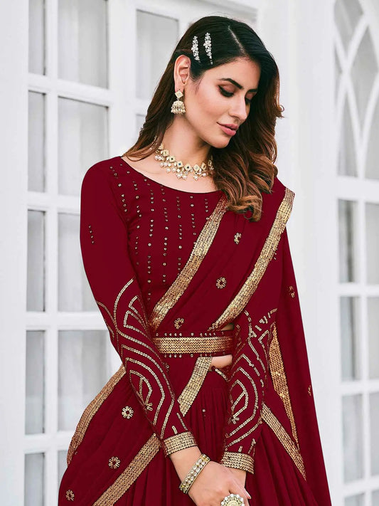 Maroon Georgette Thread with Sequence Embroidery Work Lehenga Choli