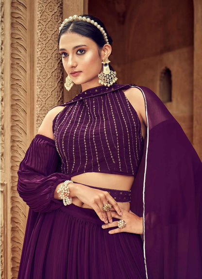 Wine Georgette Lehenga With Hand Work
