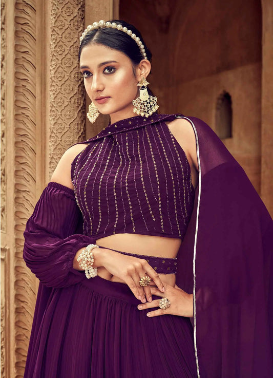 Wine Georgette Lehenga With Hand Work