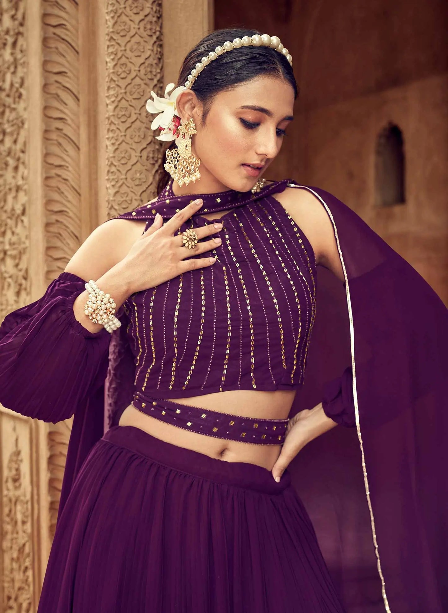 Wine Georgette Lehenga With Hand Work